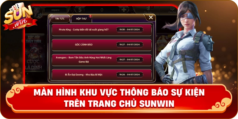 Ảnh chụp màn hình khu vực thông báo sự kiện trên trang chủ Sunwin
